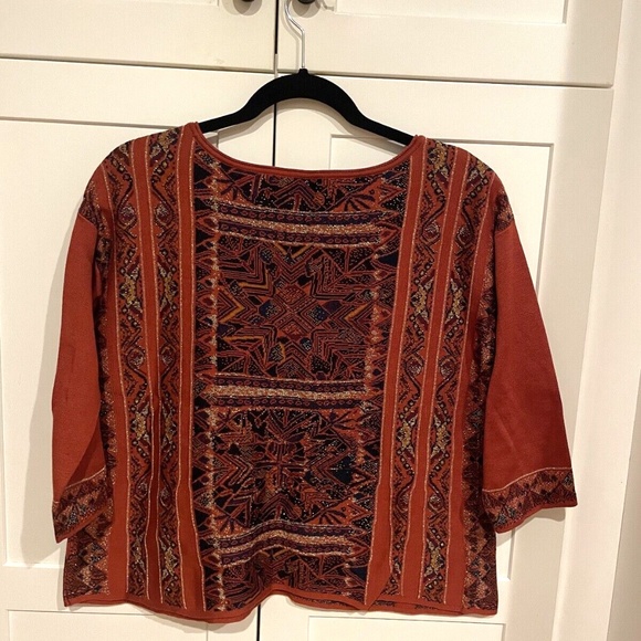 Size Medium Peruvian Connection Red Native American Pattern 3/4 Sleeve Top - Picture 2 of 4